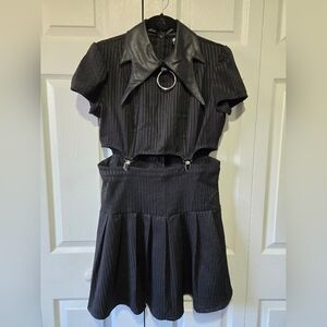 Killstar Black Pinstripe Dress with Leather Collar